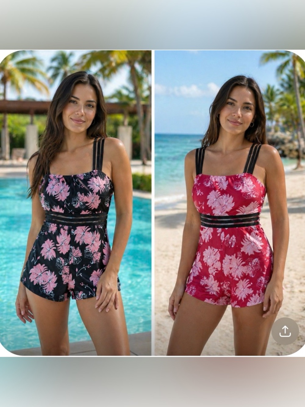 Girls' Floral Strap Romper in Black/Pink and Red/Pink